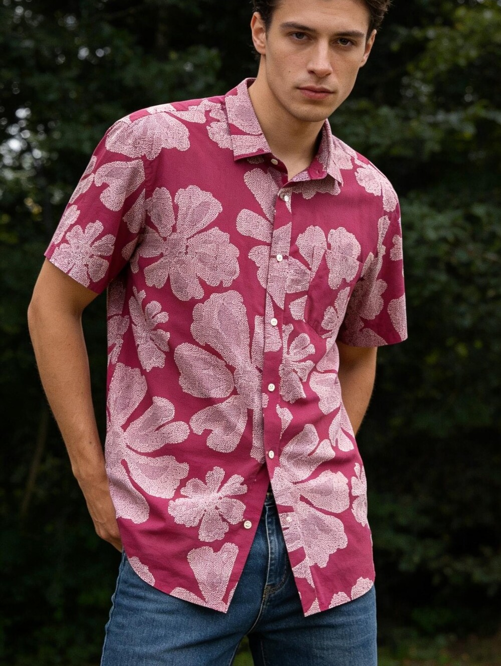 BANANA REPUBLIC Men's Shirt Stretch Soft Slim Fit Maroon Floral Short Sleeve XL